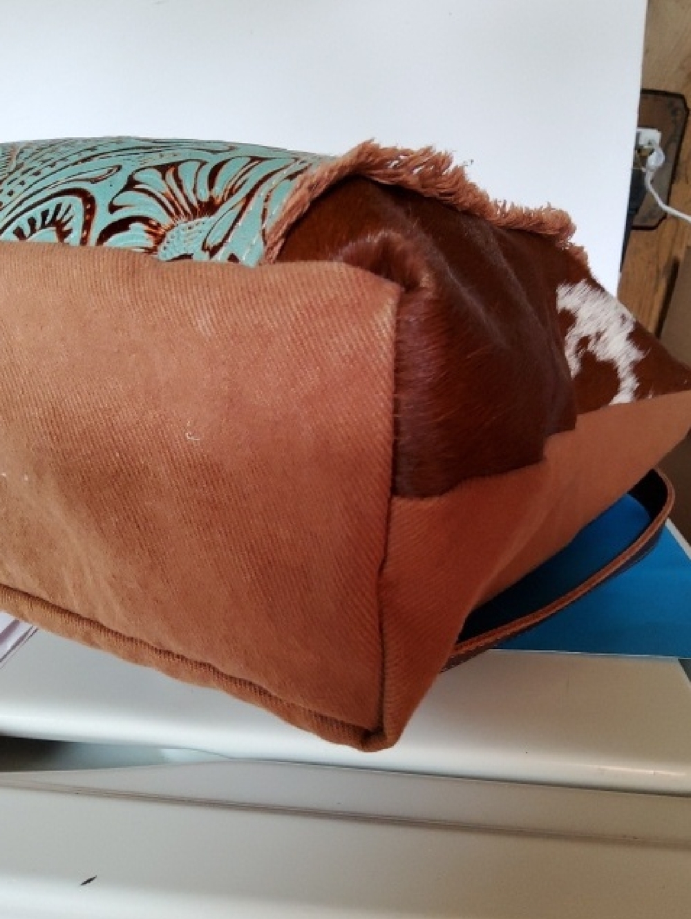 Myra Bag Tooled Turquoise Leather,cowhide accents tote. - Picture 7 of 9